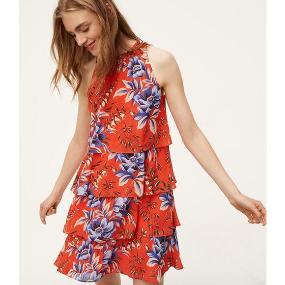 "LOFT" ORANGE FLORAL RUFFLED TIERED SWING TRAPEZE DRESS size SP - Picture 1 of 5